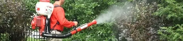 Mosquito control technician fogging shrubs and landscaping for mosquito treatment in Philadelphia, PA